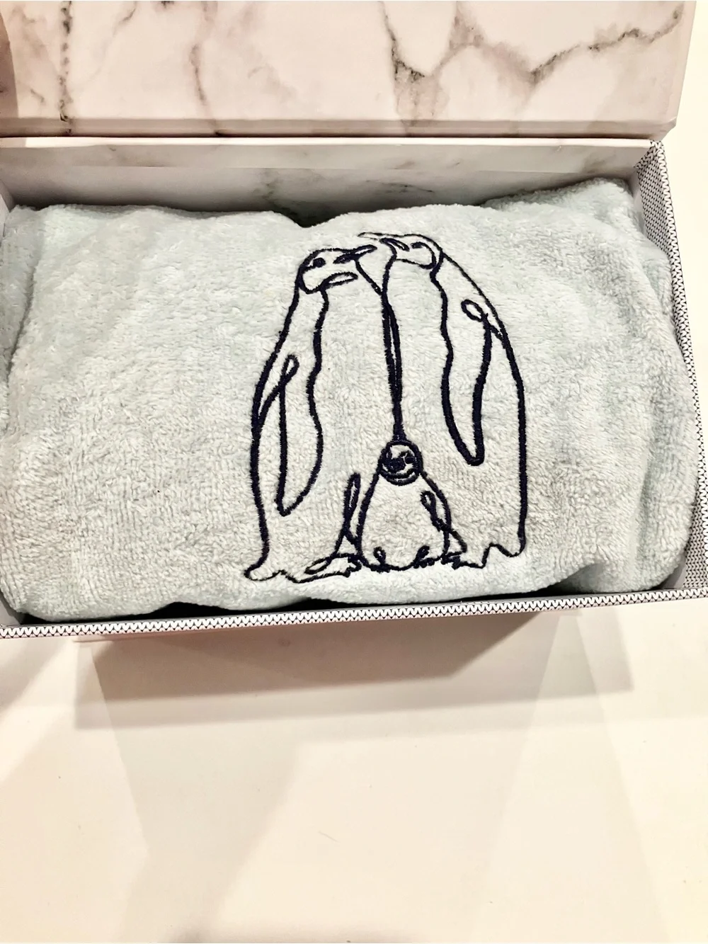 Light Blue Plush Throw with Embroidered Penguin Design